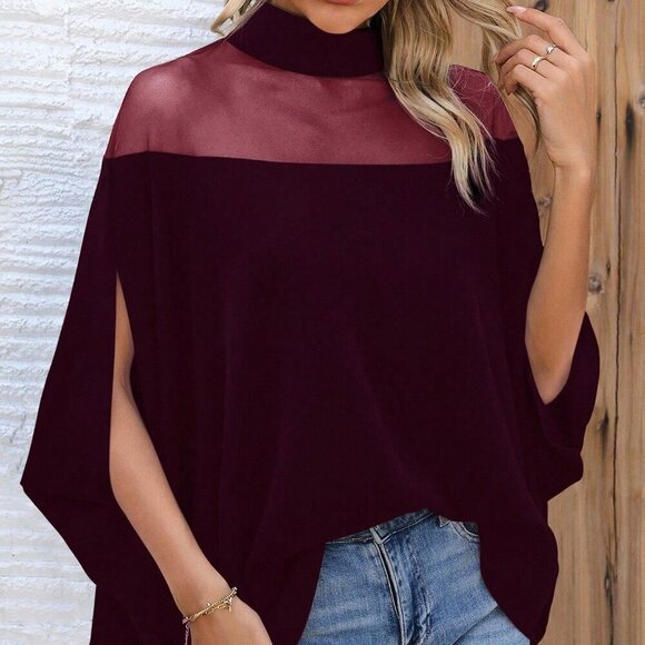 Tops - Burgundy Casual Women's Stand Collar Mesh Hollow Blouse